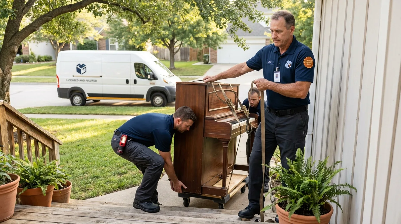 Licensed piano movers securing grand piano in Walton, IN