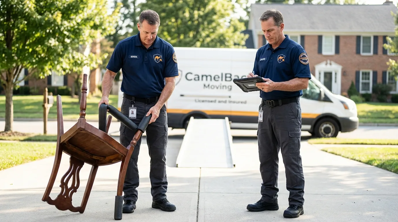 Movers inspecting furniture for damage prevention before loading in Walton, IN