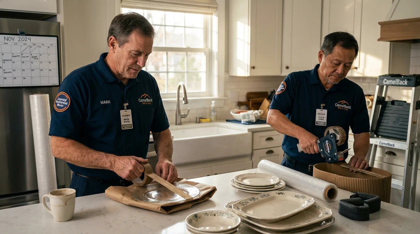 Professional crew packing kitchen dishware in Walton, IN